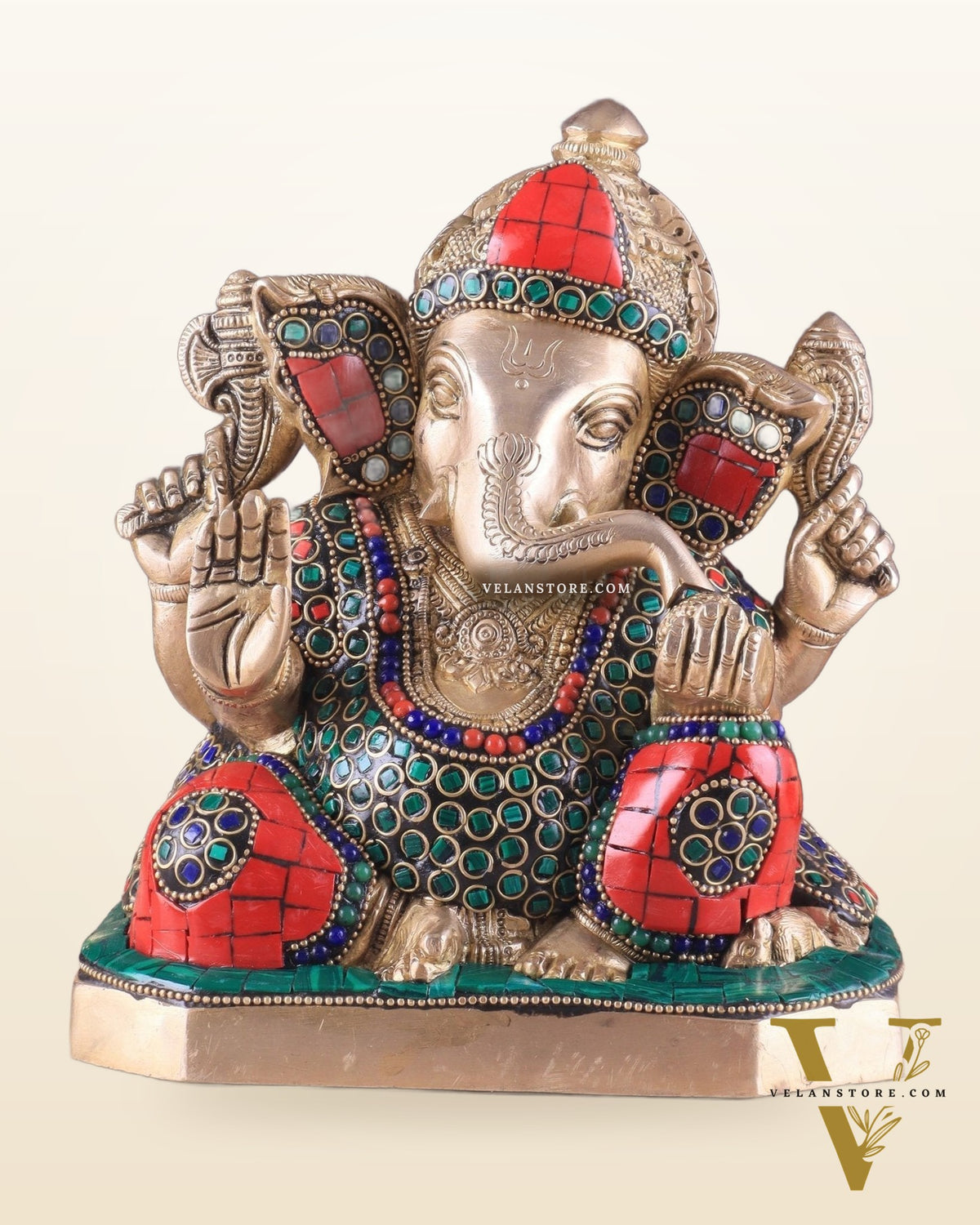 Pure Brass Ganesha Statue with Stonework – 7.5 Inch Elegant Design
