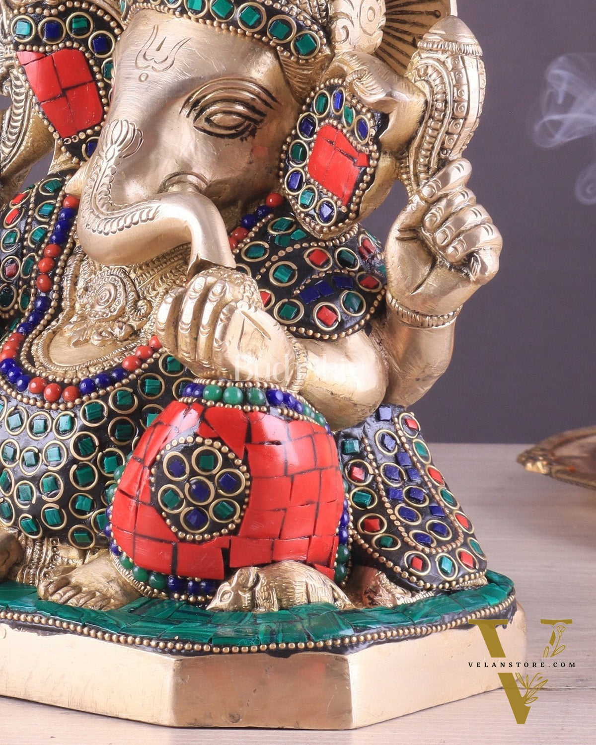 Pure Brass Ganesha Statue with Stonework – 7.5 Inch Elegant Design
