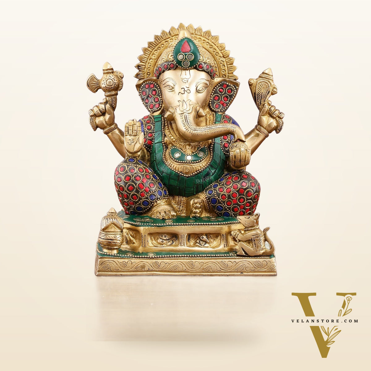 Pure Brass Ganesha Statue with Stonework - 8 Inch
