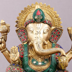 Pure Brass Ganesha Statue with Stonework - 8 Inch