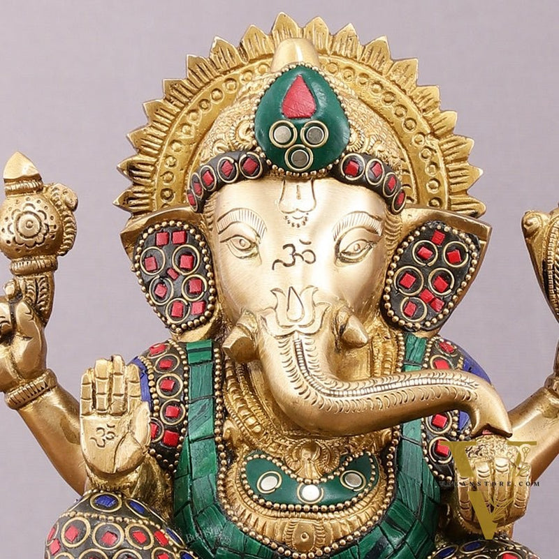 Pure Brass Ganesha Statue with Stonework - 8 Inch