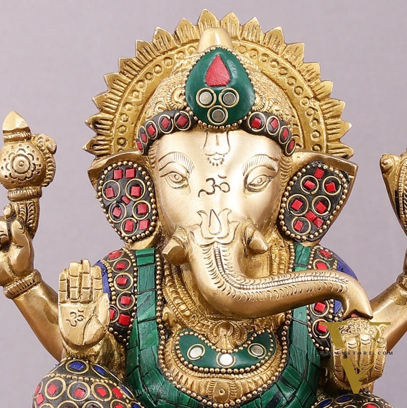 Pure Brass Ganesha Statue with Stonework - 8 Inch