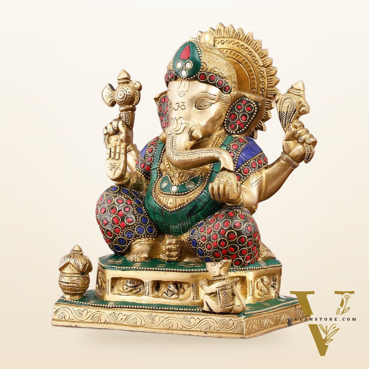 Pure Brass Ganesha Statue with Stonework - 8 Inch