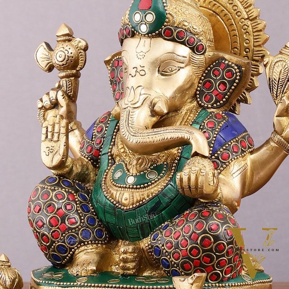 Pure Brass Ganesha Statue with Stonework - 8 Inch