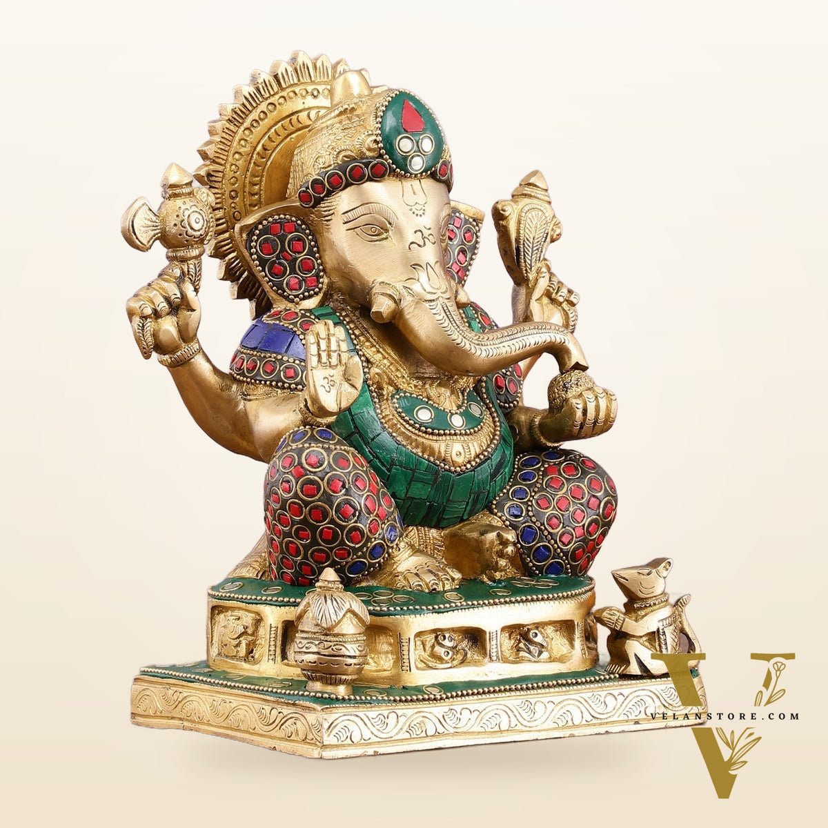 Pure Brass Ganesha Statue with Stonework - 8 Inch