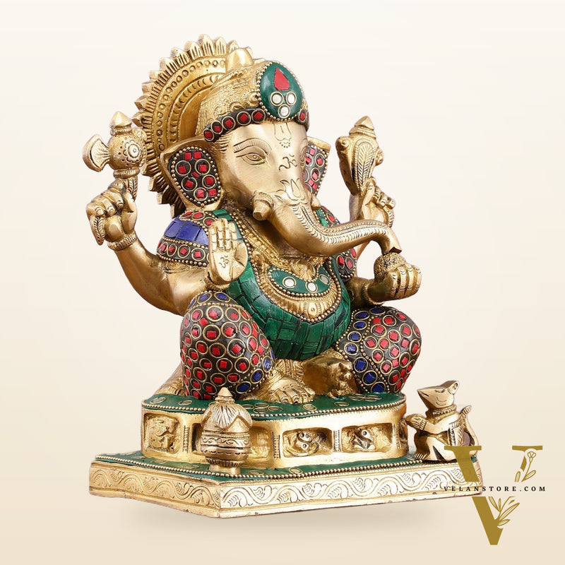 Pure Brass Ganesha Statue with Stonework - 8 Inch