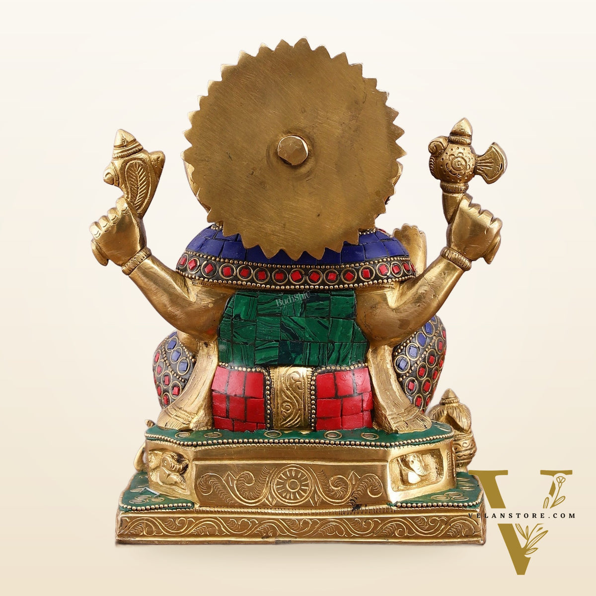 Pure Brass Ganesha Statue with Stonework - 8 Inch