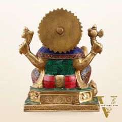 Pure Brass Ganesha Statue with Stonework - 8 Inch
