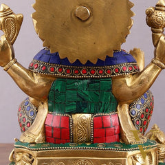 Pure Brass Ganesha Statue with Stonework - 8 Inch