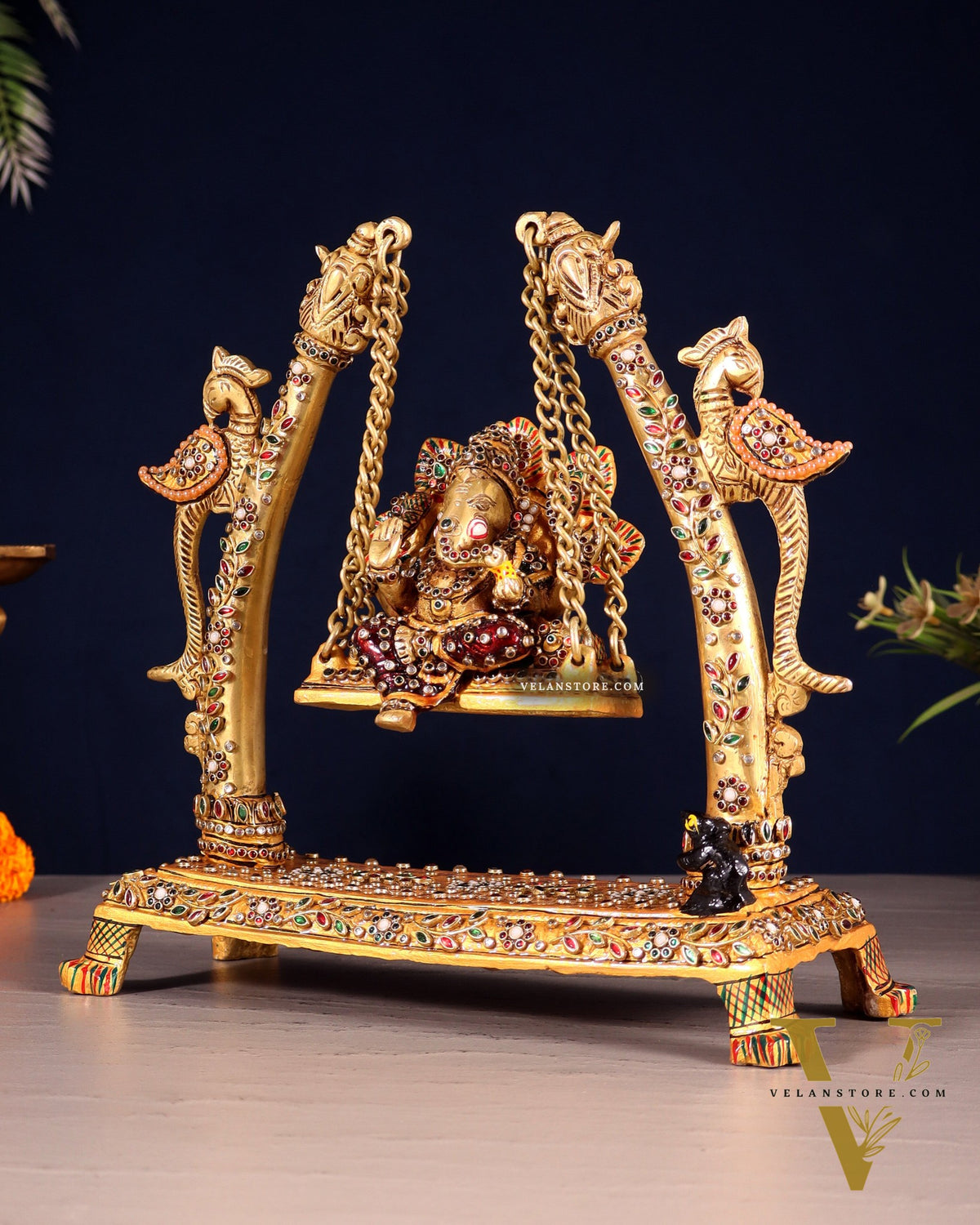 Pure Brass Ganesha Swing with Laakh Meenakari 10"