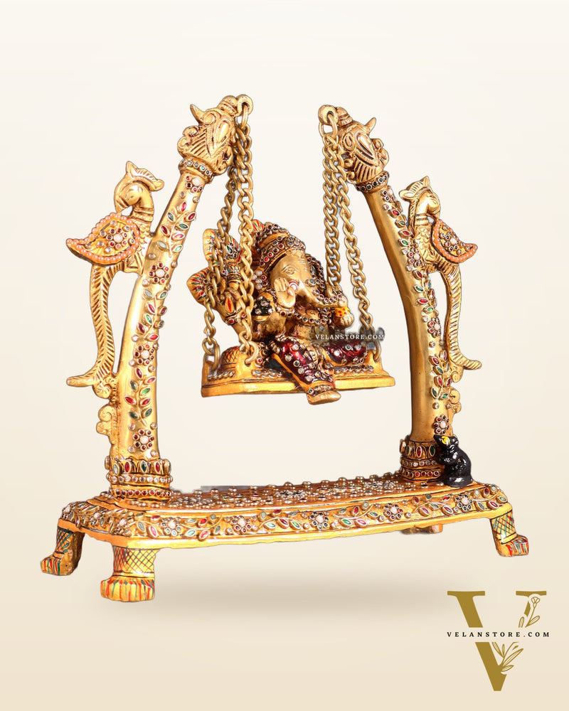 Pure Brass Ganesha Swing with Laakh Meenakari 10"