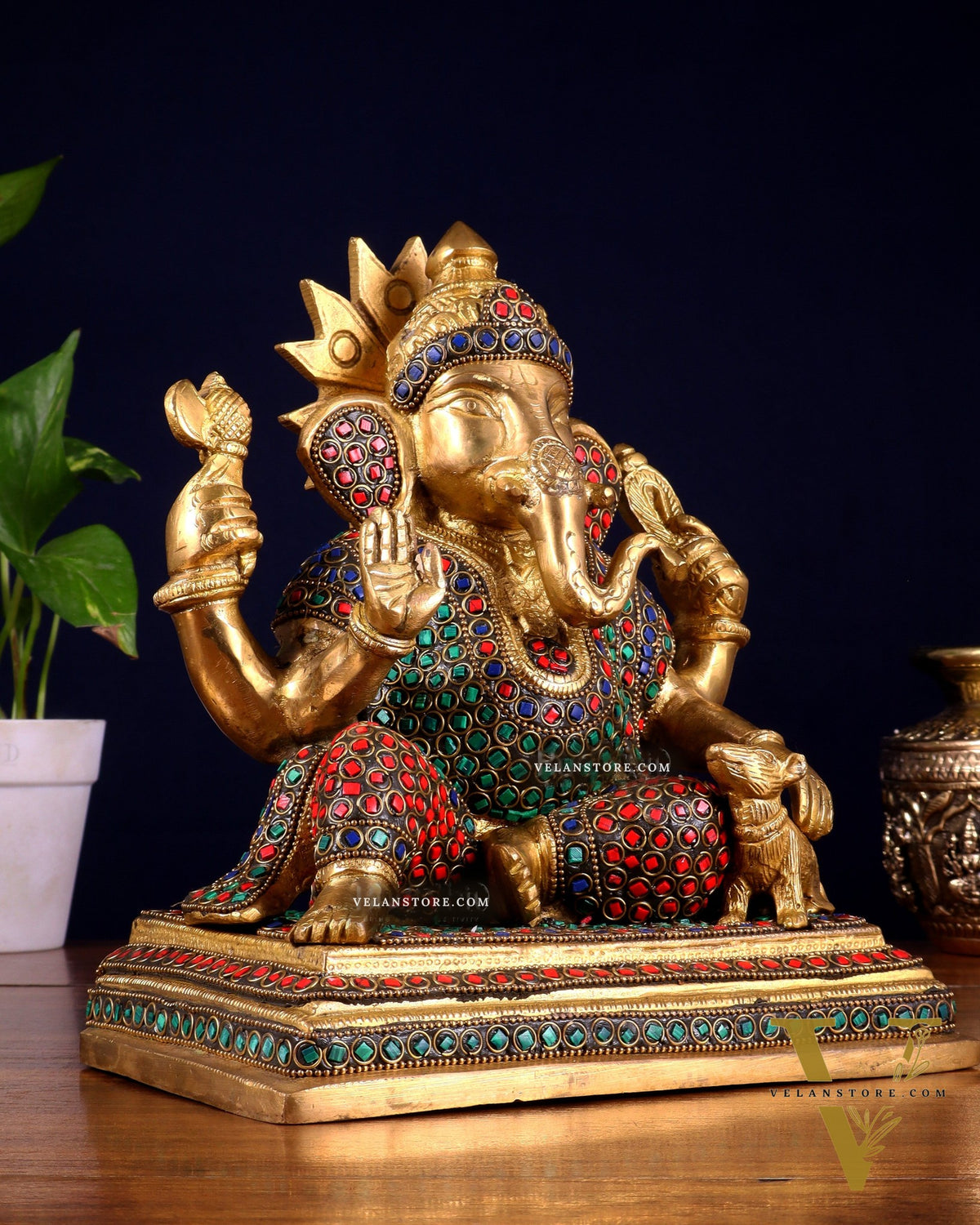 Pure Brass Ganesha with Mooshak Statue – Stonework Finish (9 Inch, 4.8 Kg)