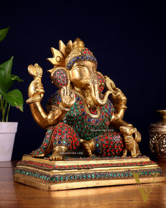Pure Brass Ganesha with Mooshak Statue – Stonework Finish (9 Inch, 4.8 Kg)