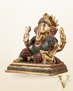 Pure Brass Ganesha with Mooshak Statue – Stonework Finish (9 Inch, 4.8 Kg)