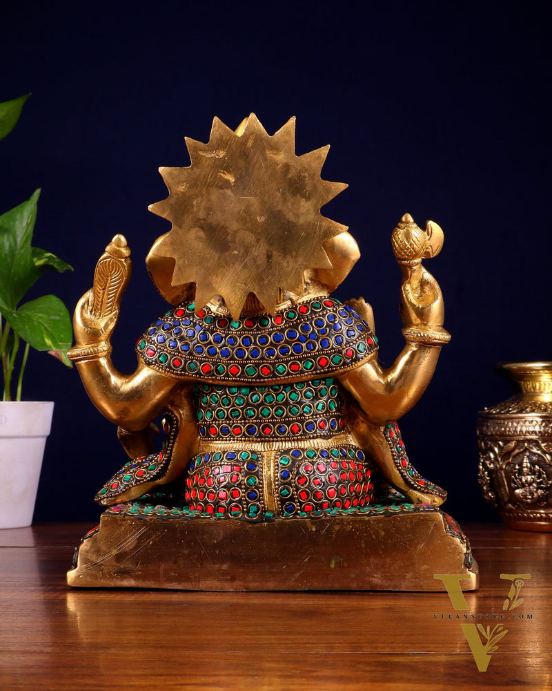 Pure Brass Ganesha with Mooshak Statue – Stonework Finish (9 Inch, 4.8 Kg)