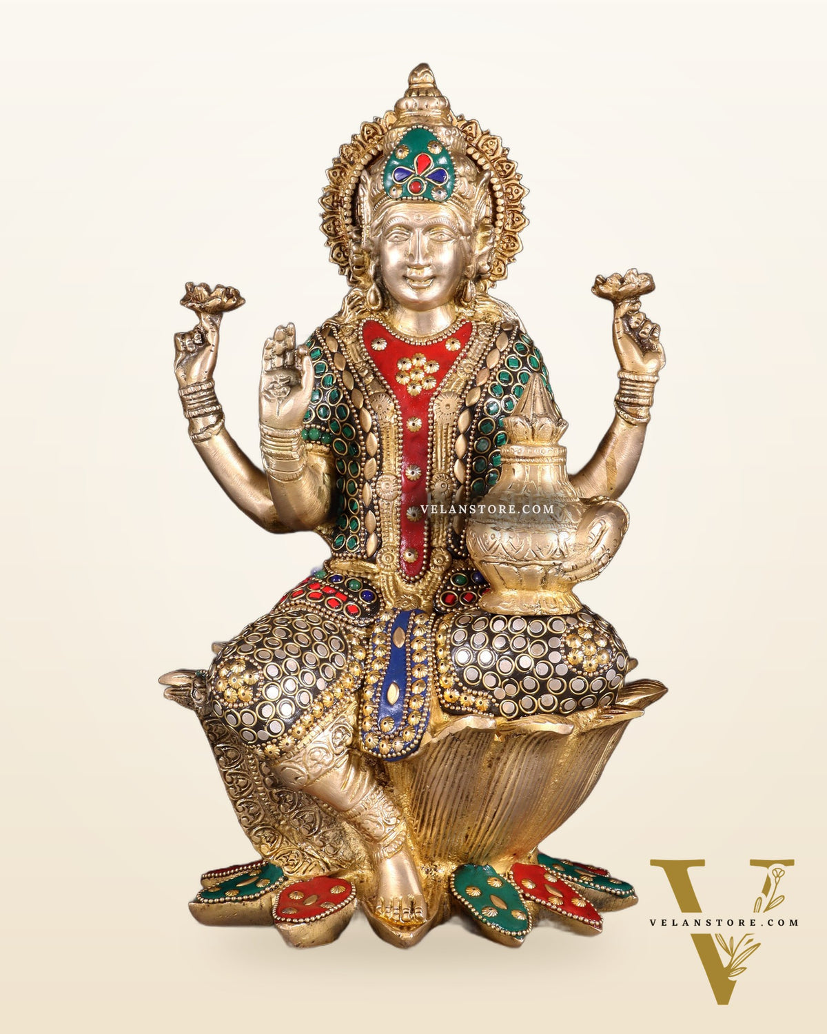 Pure Brass Goddess Dhan Lakshmi Idol - 12" stonework