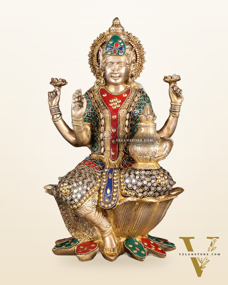 Pure Brass Goddess Dhan Lakshmi Idol - 12" stonework