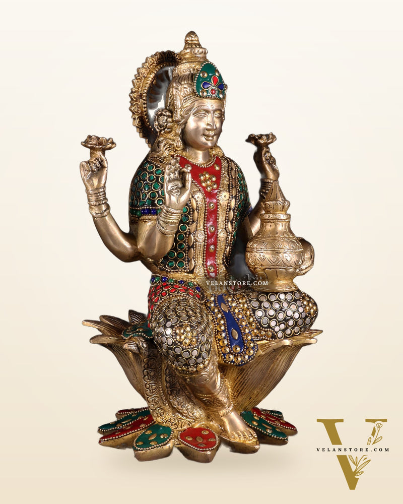 Pure Brass Goddess Dhan Lakshmi Idol - 12" stonework