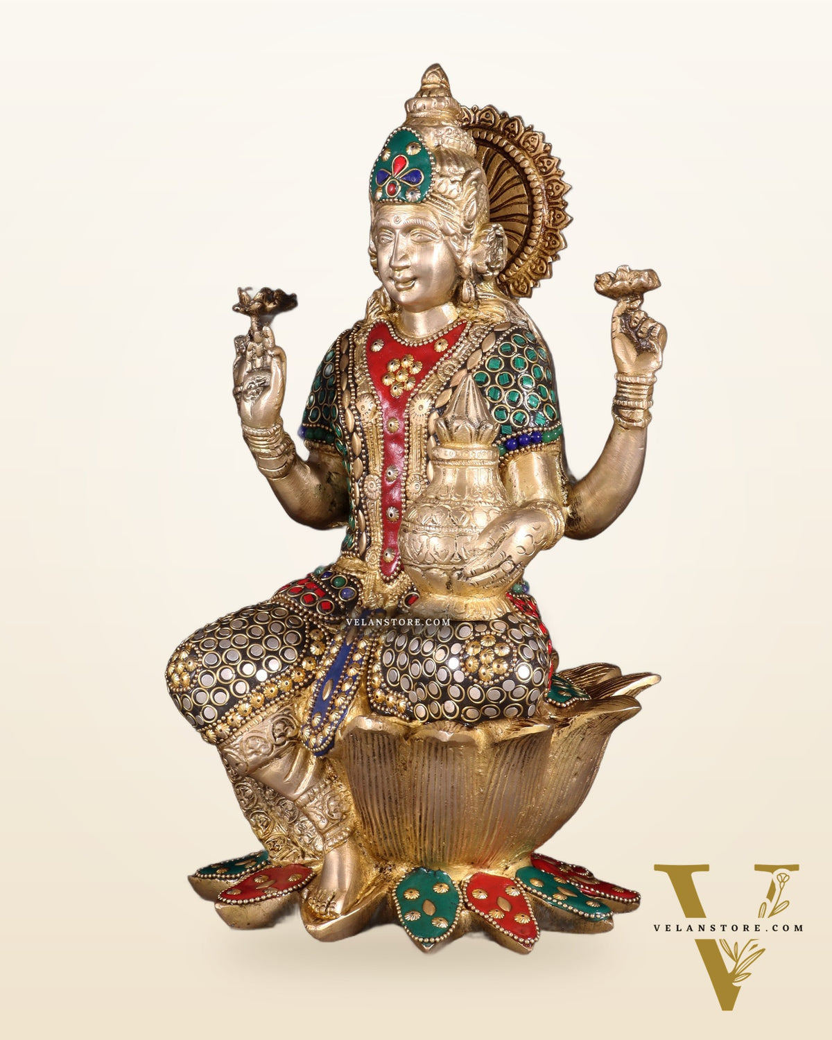 Pure Brass Goddess Dhan Lakshmi Idol - 12" stonework