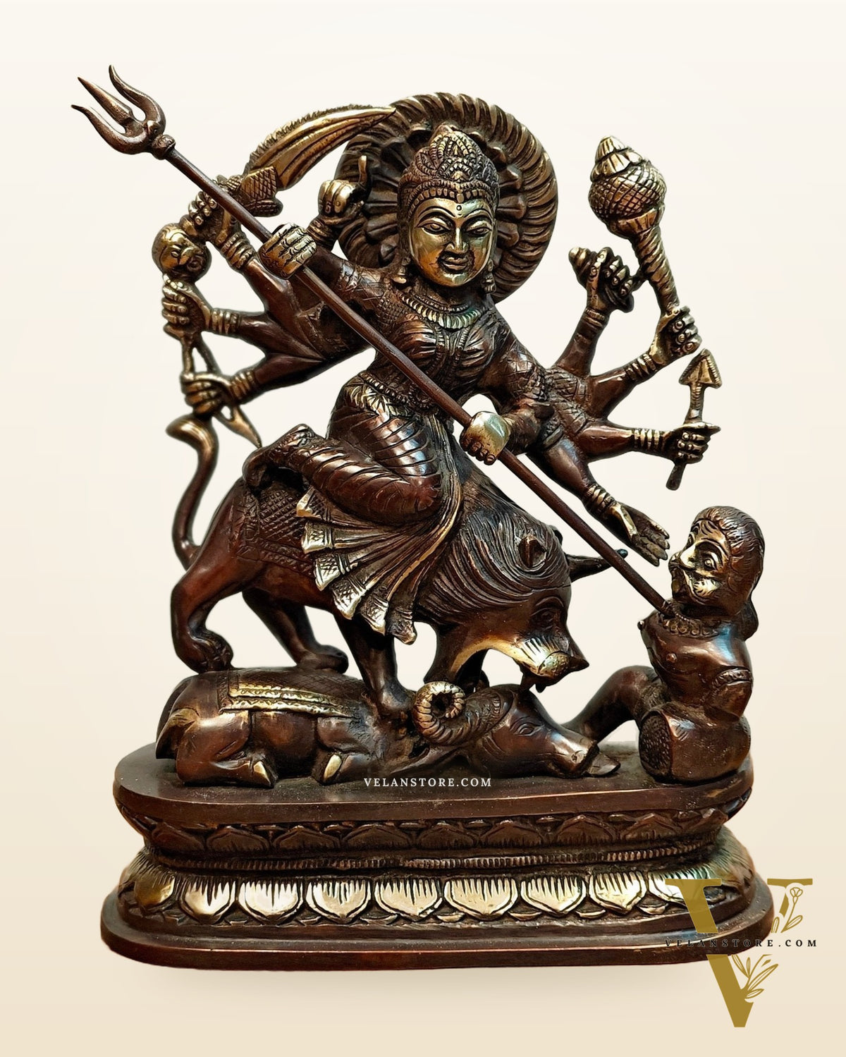 Pure Brass Goddess Durga as Mahishasura Mardini Idol - 13.5-Inch