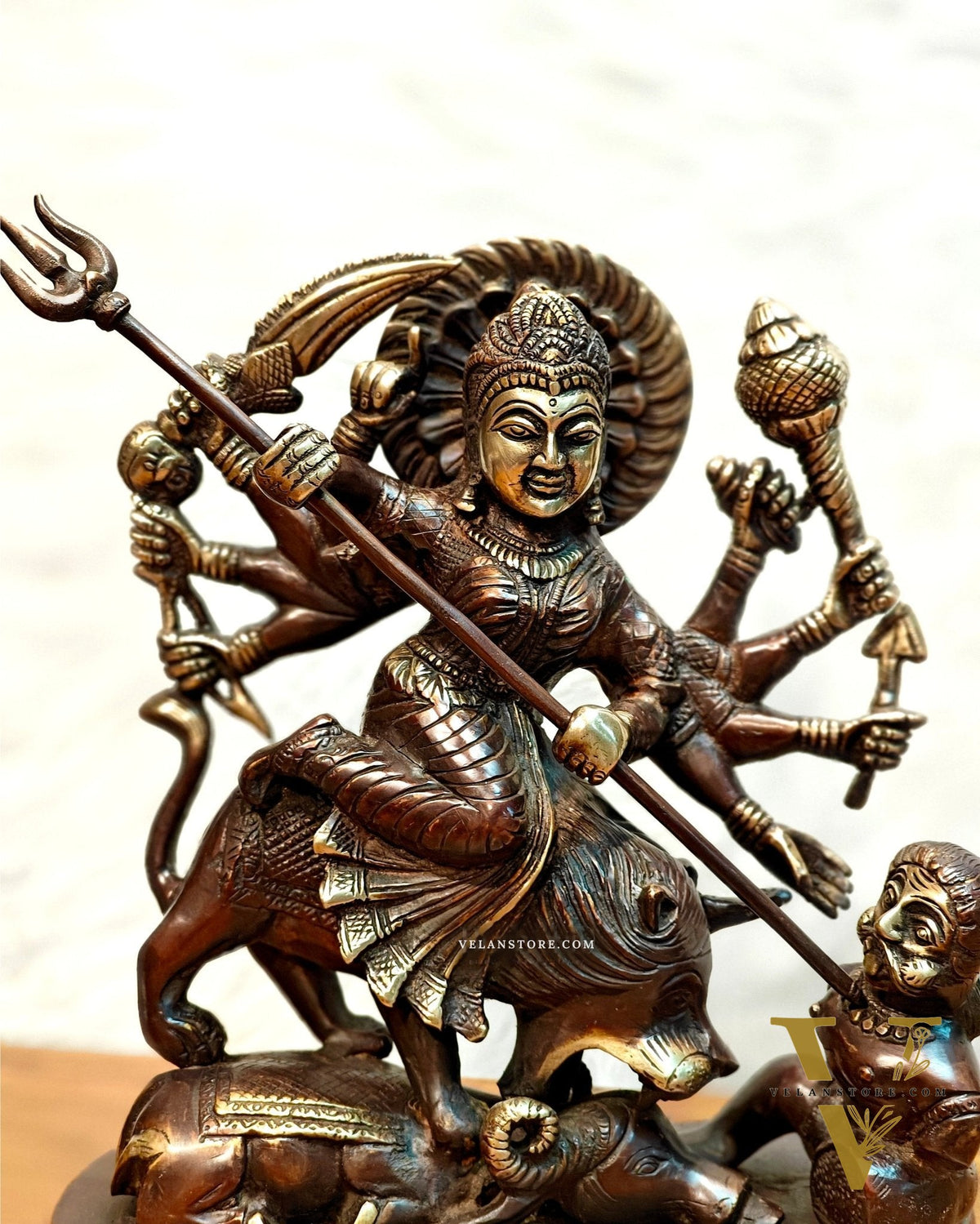 Pure Brass Goddess Durga as Mahishasura Mardini Idol - 13.5-Inch