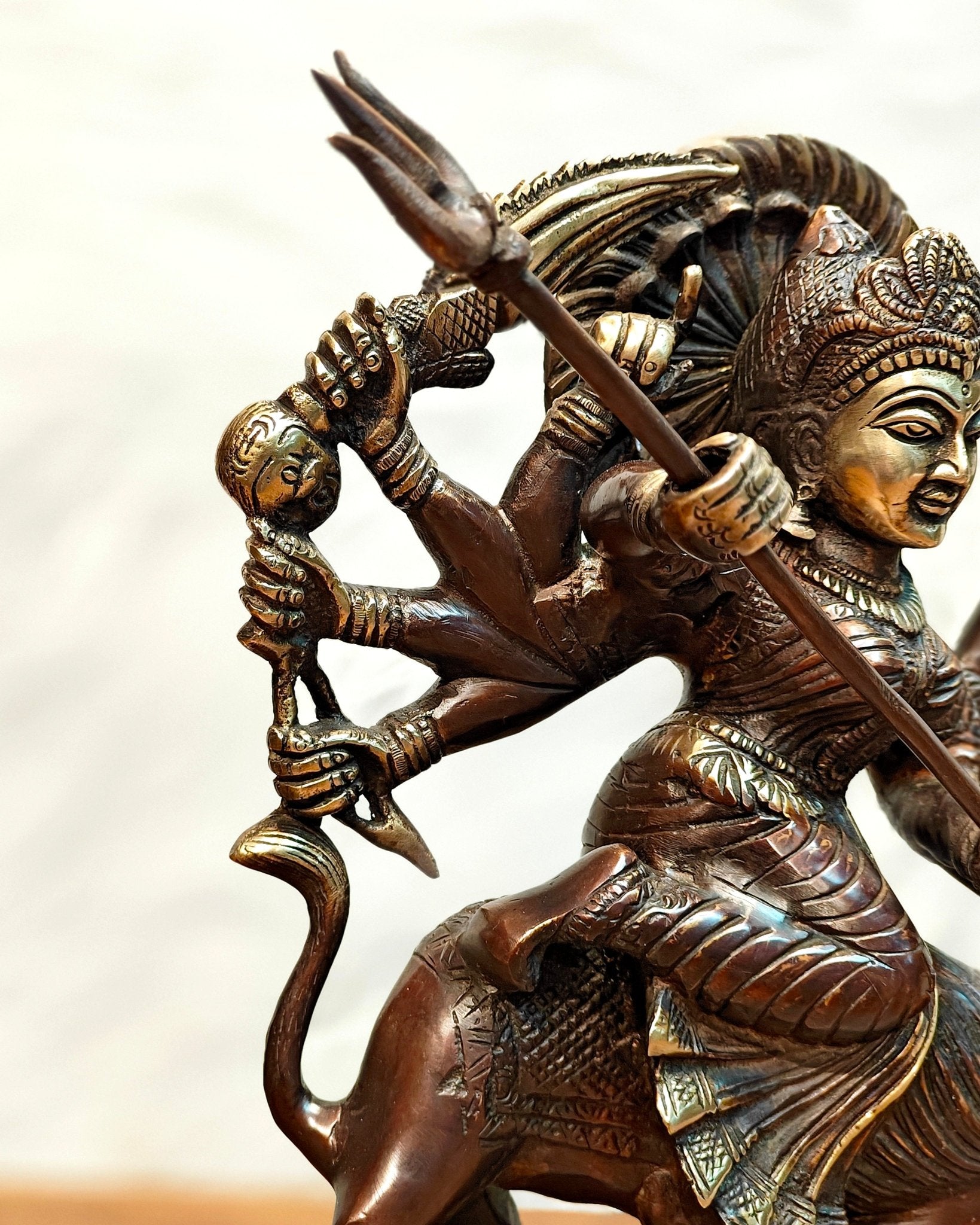Pure Brass Goddess Durga as Mahishasura Mardini Idol - 13.5-Inch