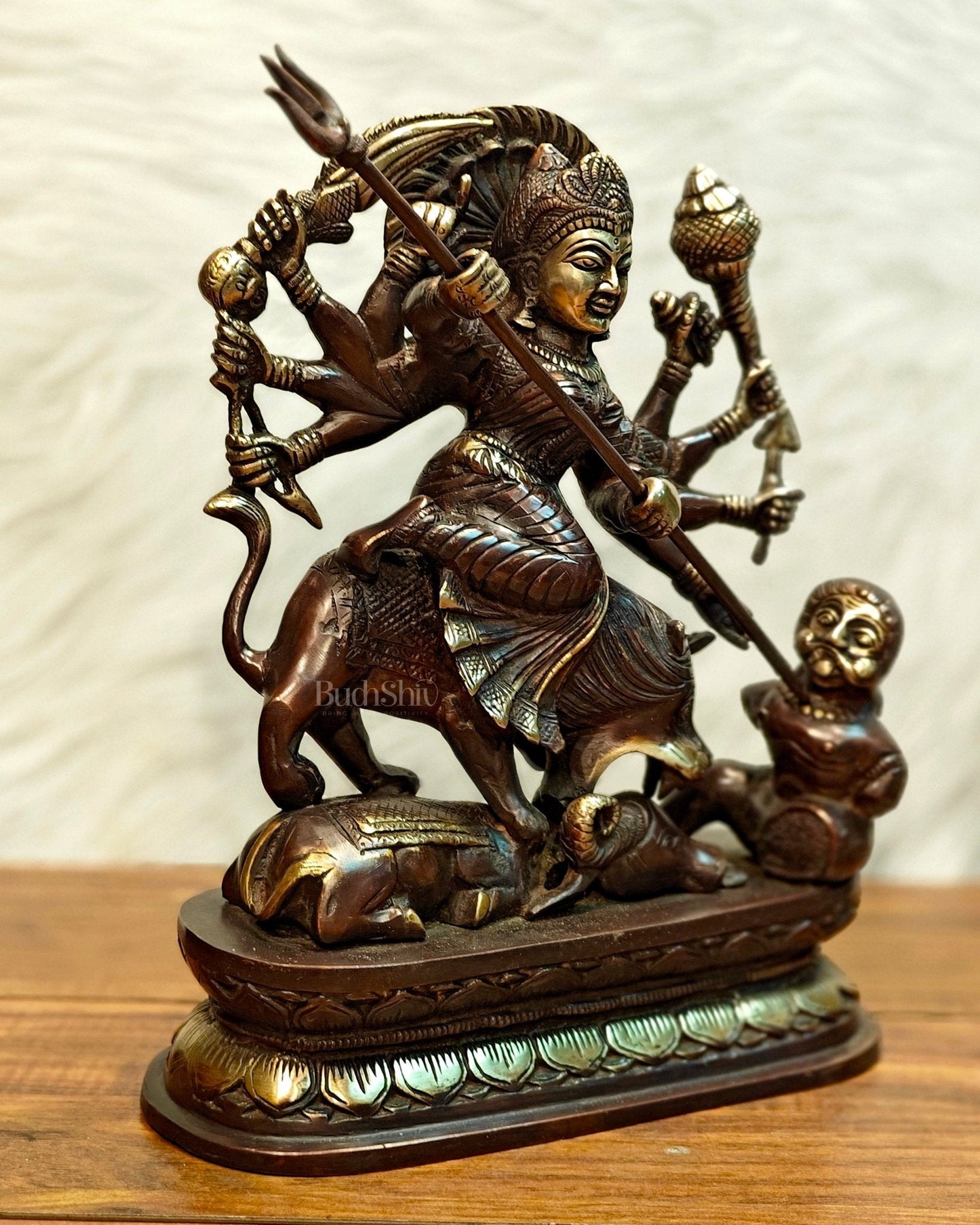 Pure Brass Goddess Durga as Mahishasura Mardini Idol - 13.5-Inch
