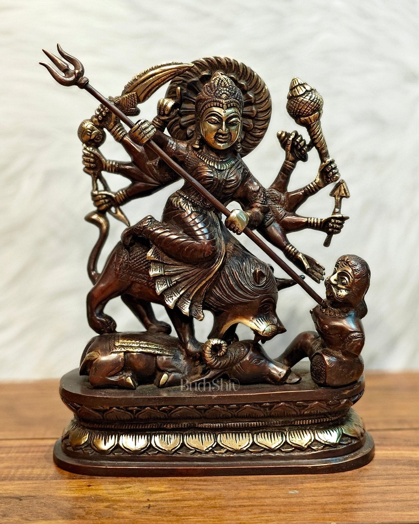 Pure Brass Goddess Durga as Mahishasura Mardini Idol - 13.5-Inch