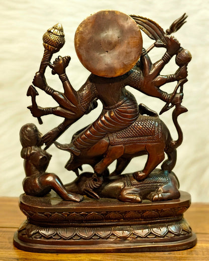 Pure Brass Goddess Durga as Mahishasura Mardini Idol - 13.5-Inch