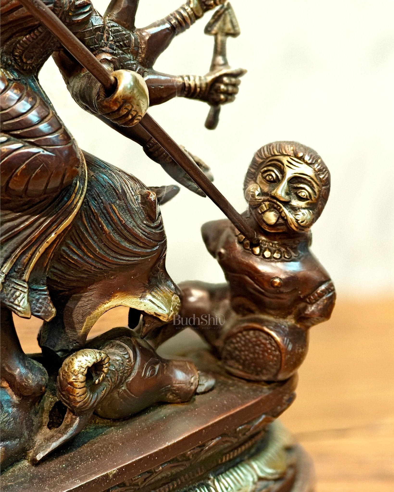Pure Brass Goddess Durga as Mahishasura Mardini Idol - 13.5-Inch