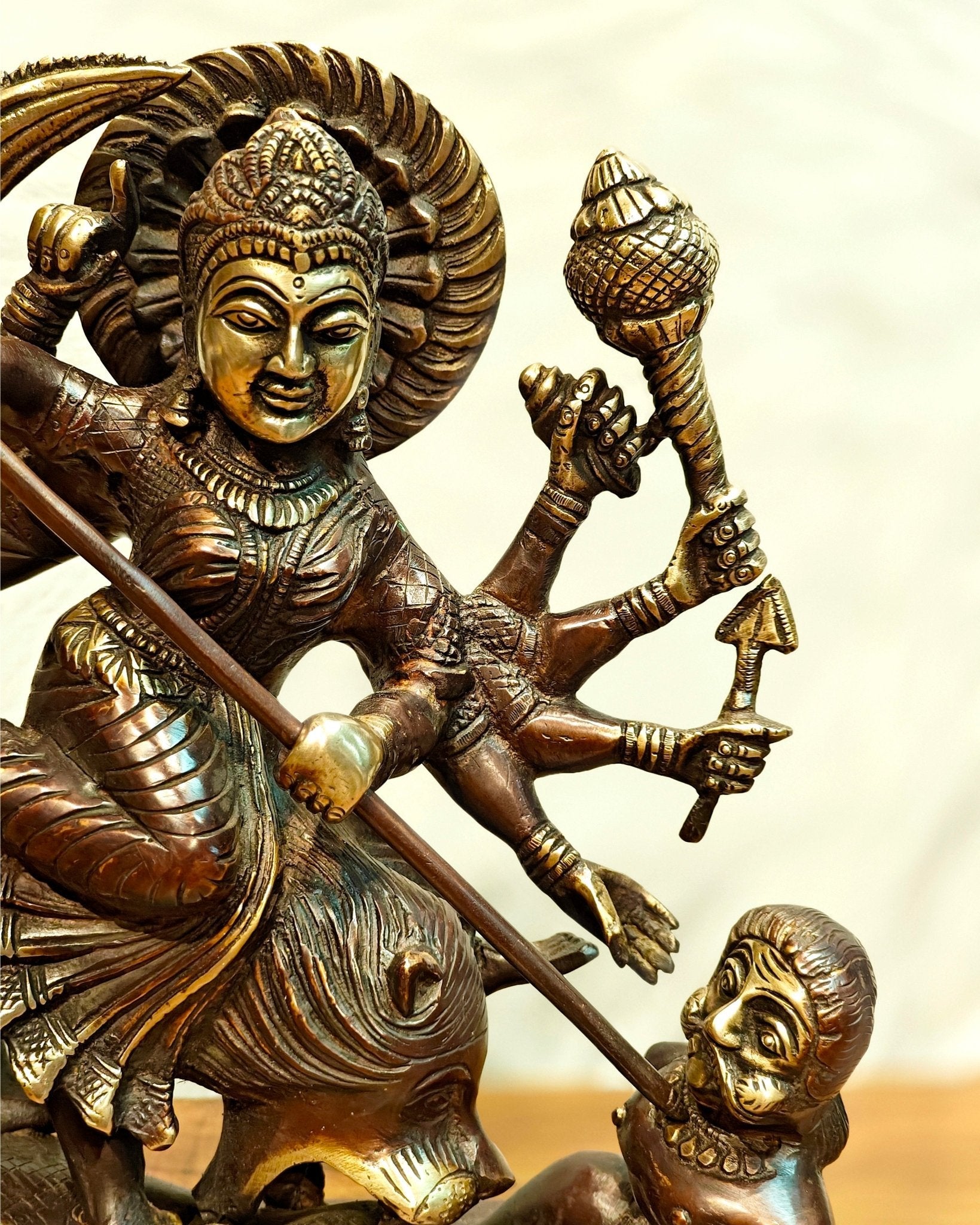 Pure Brass Goddess Durga as Mahishasura Mardini Idol - 13.5-Inch
