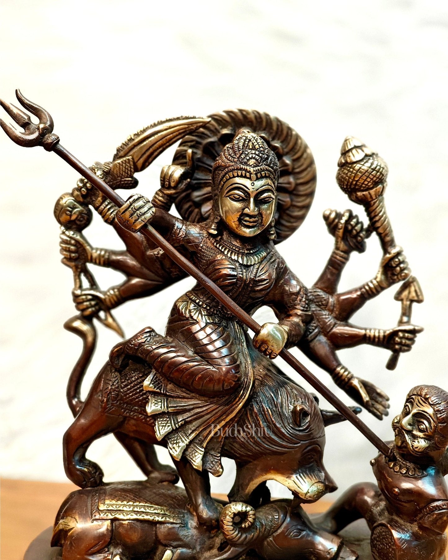 Pure Brass Goddess Durga as Mahishasura Mardini Idol - 13.5-Inch