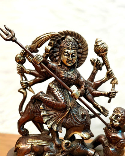Pure Brass Goddess Durga as Mahishasura Mardini Idol - 13.5-Inch
