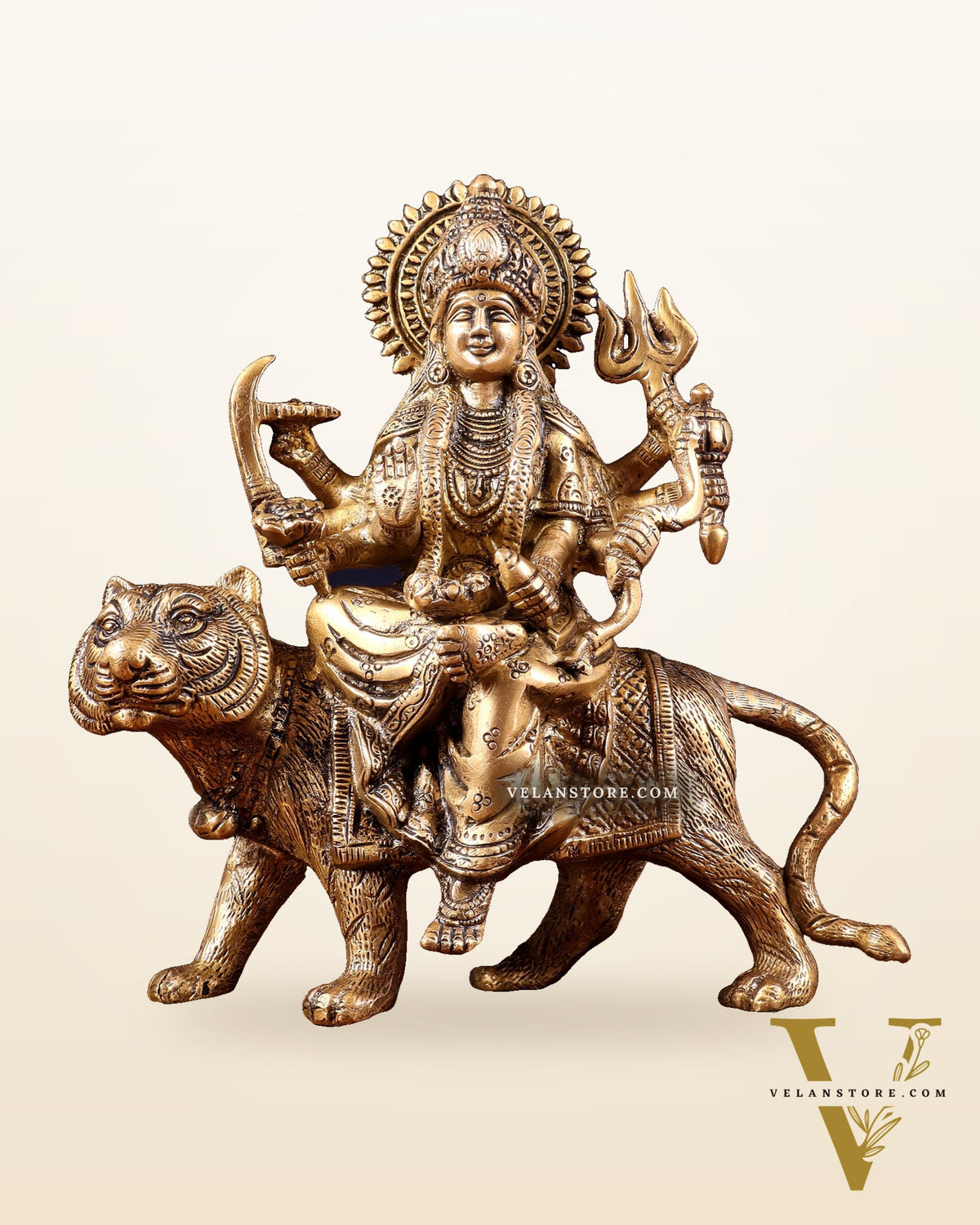 Pure Brass Goddess Durga on tiger Idol - 9" |