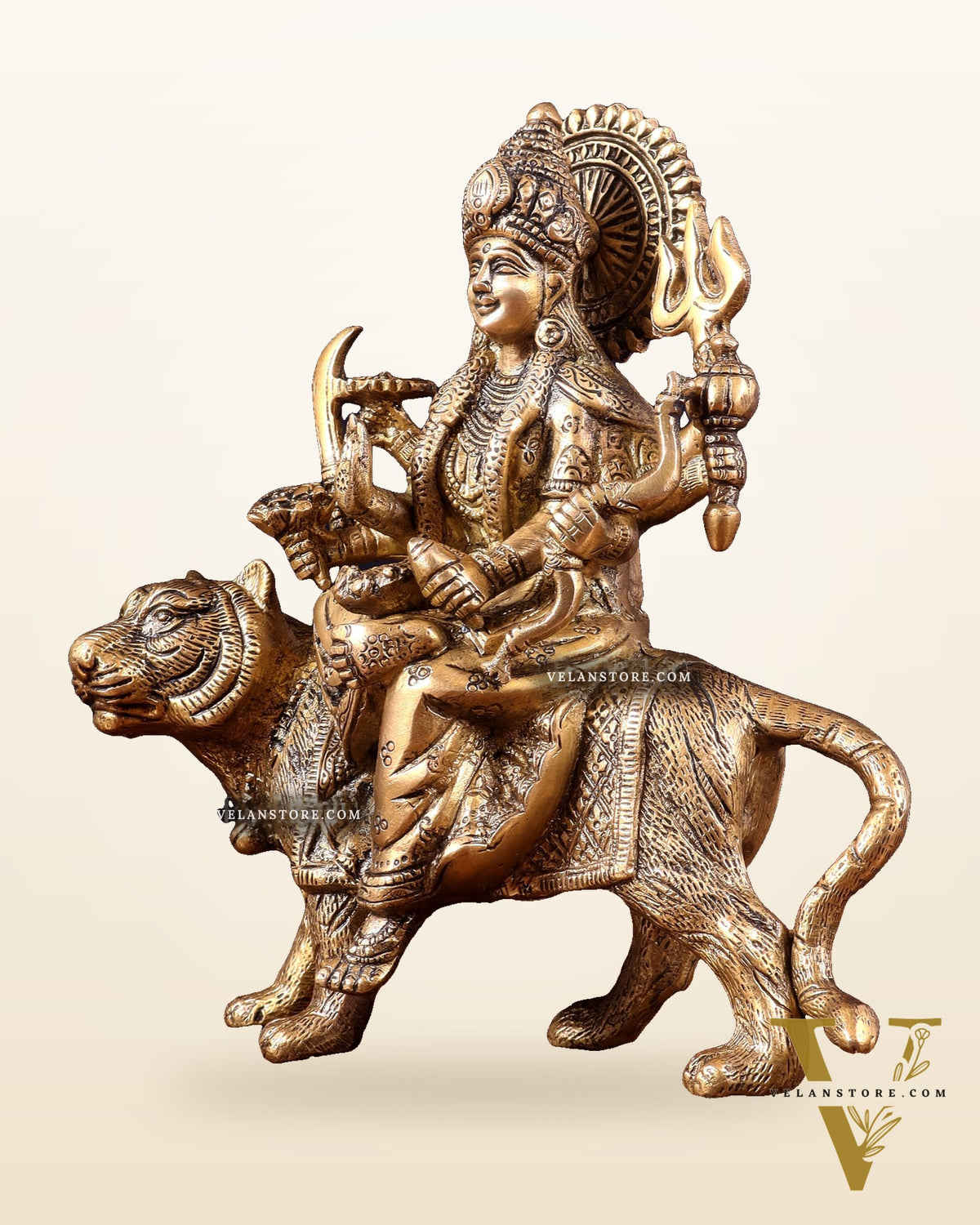 Pure Brass Goddess Durga on tiger Idol - 9" |