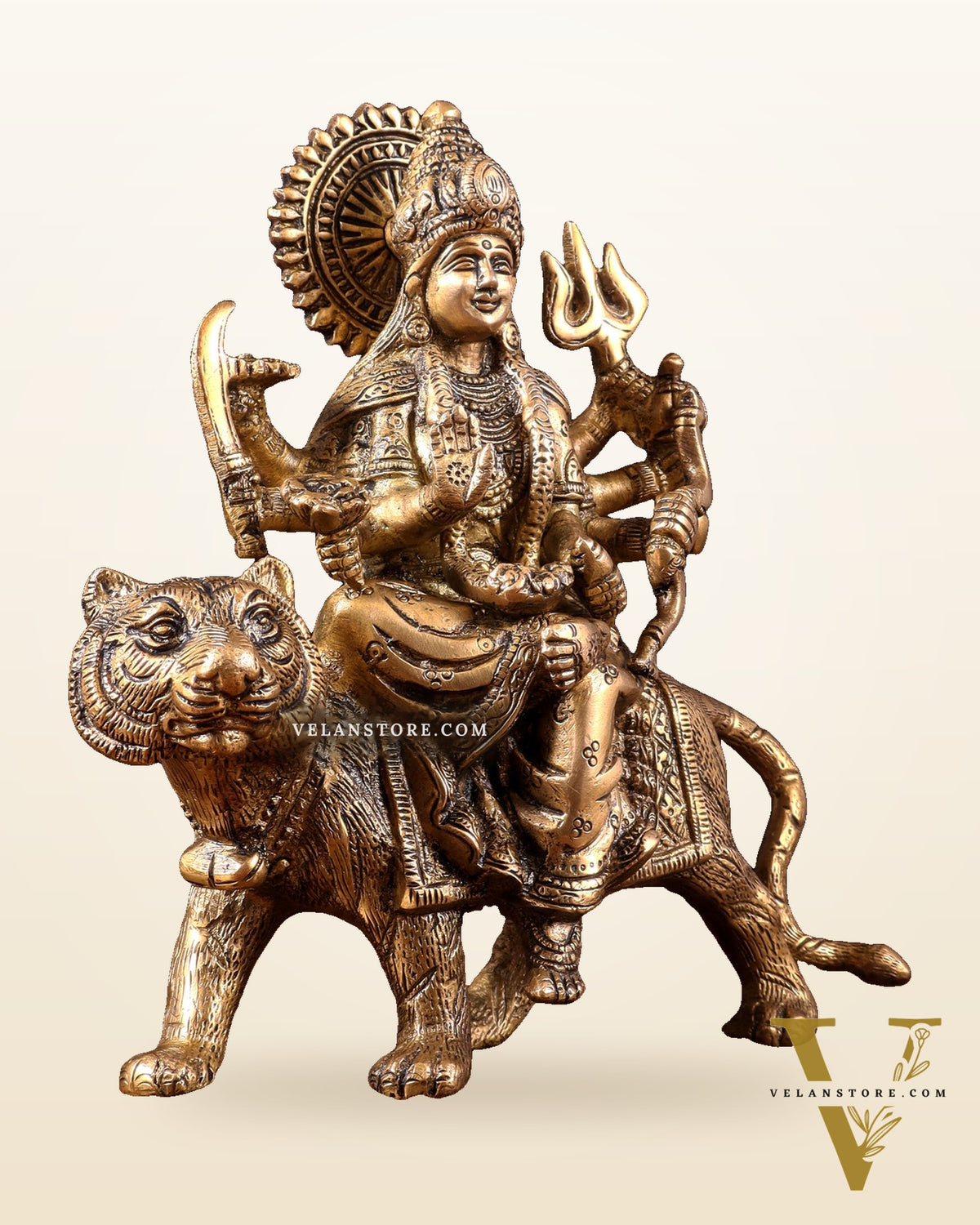 Pure Brass Goddess Durga on tiger Idol - 9" |