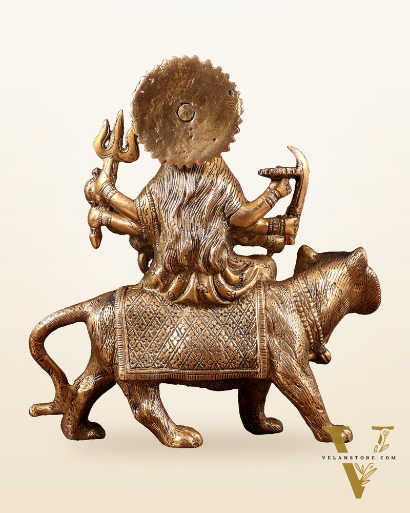 Pure Brass Goddess Durga on tiger Idol - 9" |