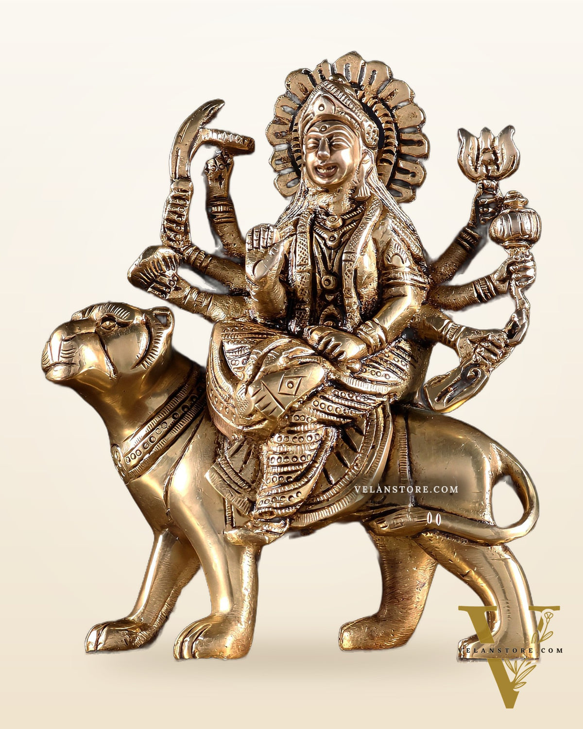 Pure Brass Goddess Durga Seated on Tiger Idol with Base – 5.5”