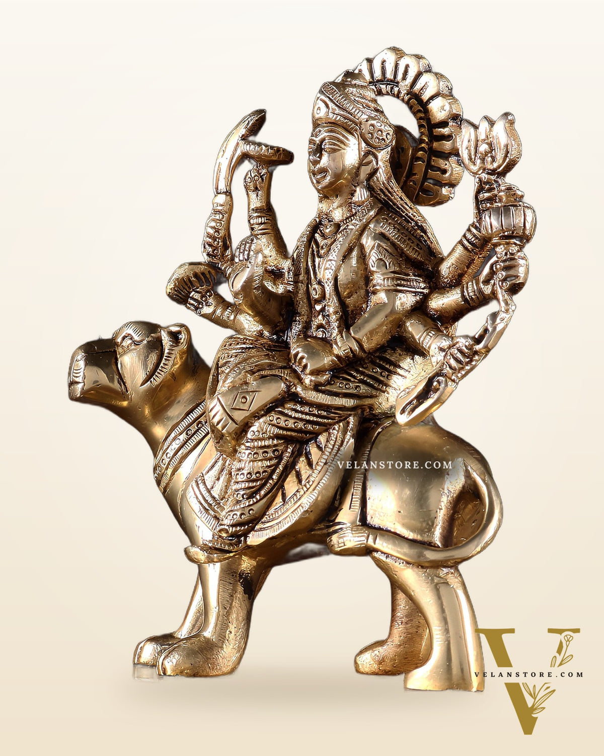 Pure Brass Goddess Durga Seated on Tiger Idol with Base – 5.5”