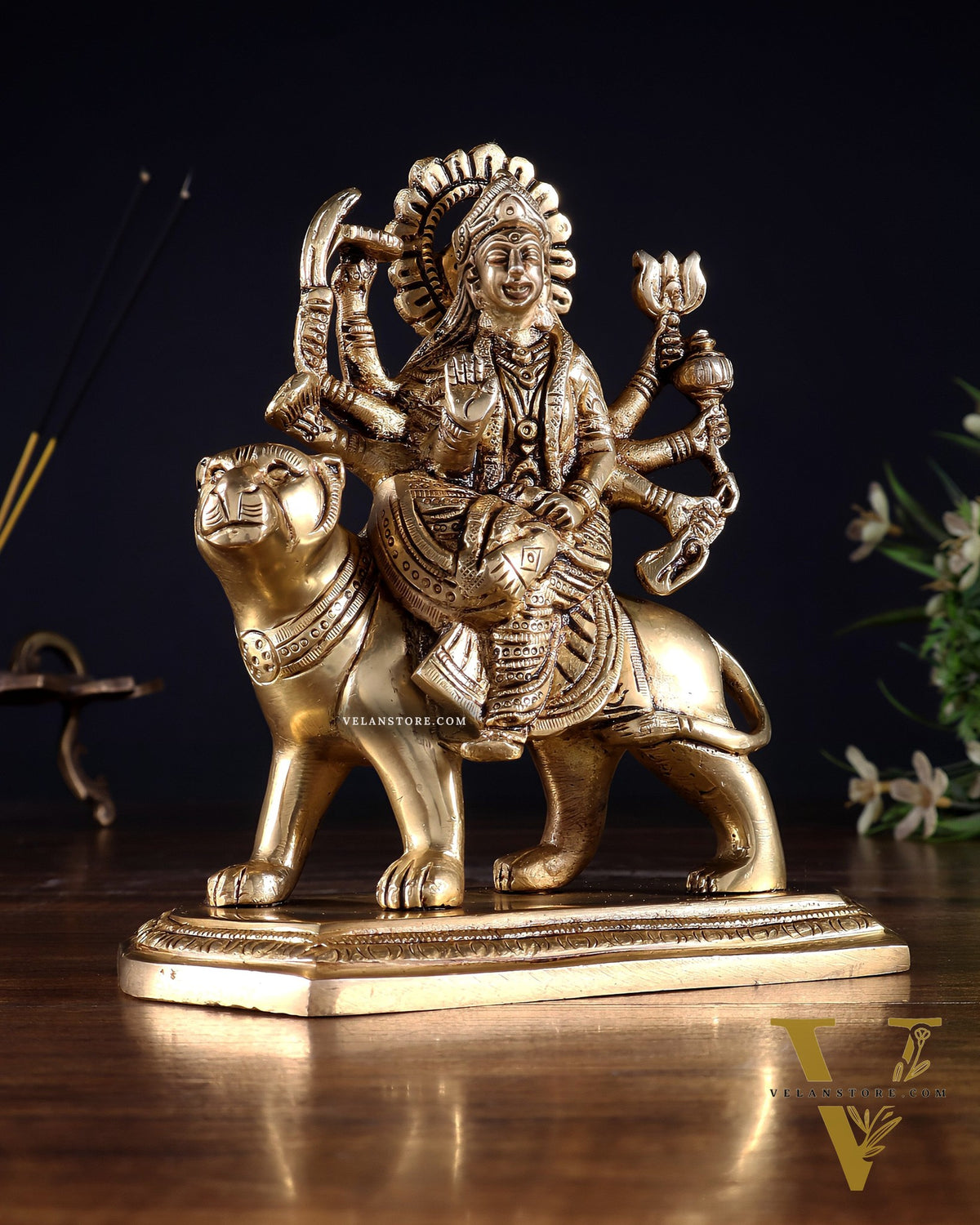 Pure Brass Goddess Durga Seated on Tiger Idol with Base – 5.5”