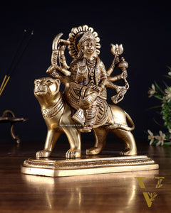 Pure Brass Goddess Durga Seated on Tiger Idol with Base – 5.5”