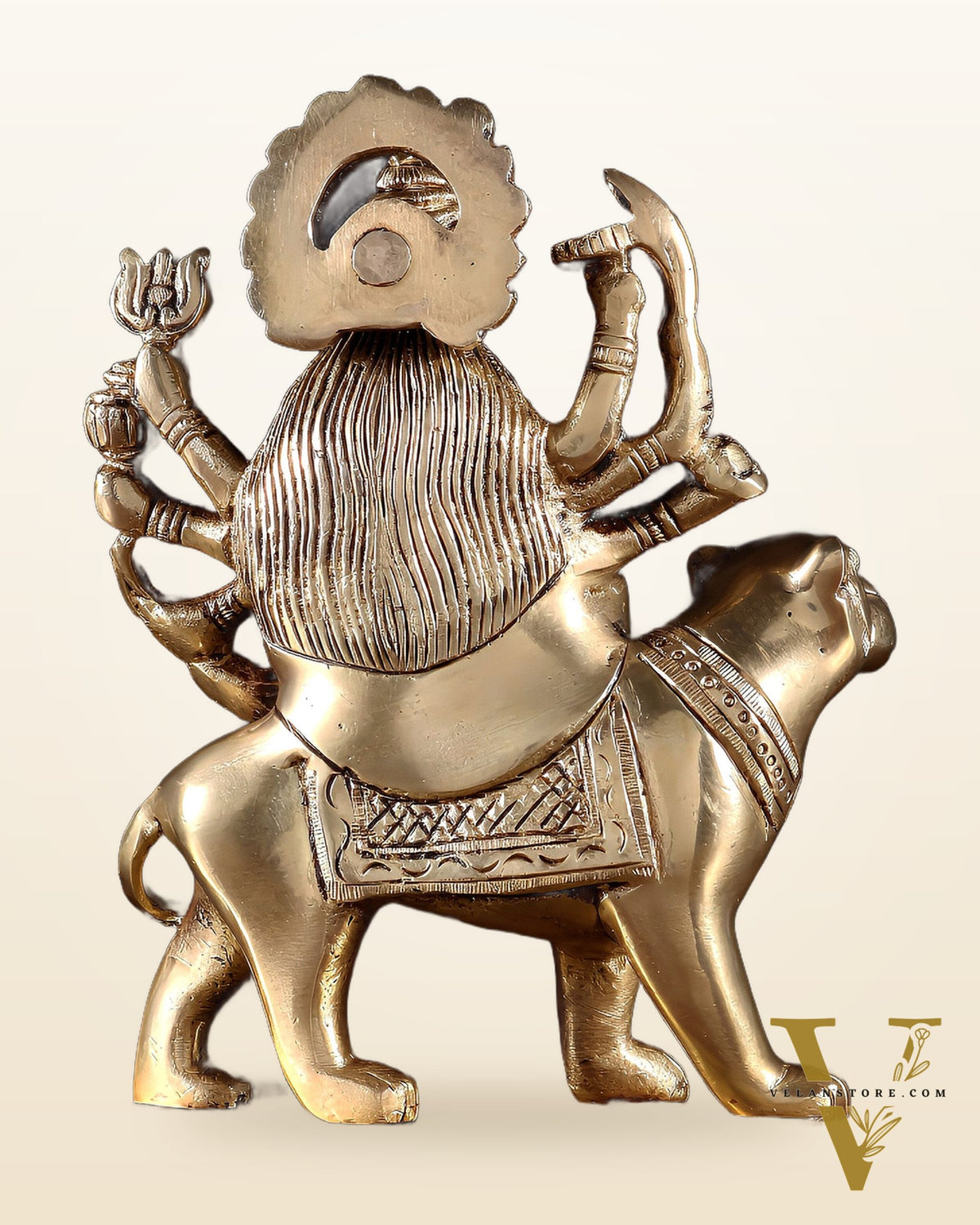Pure Brass Goddess Durga Seated on Tiger Idol with Base – 5.5”