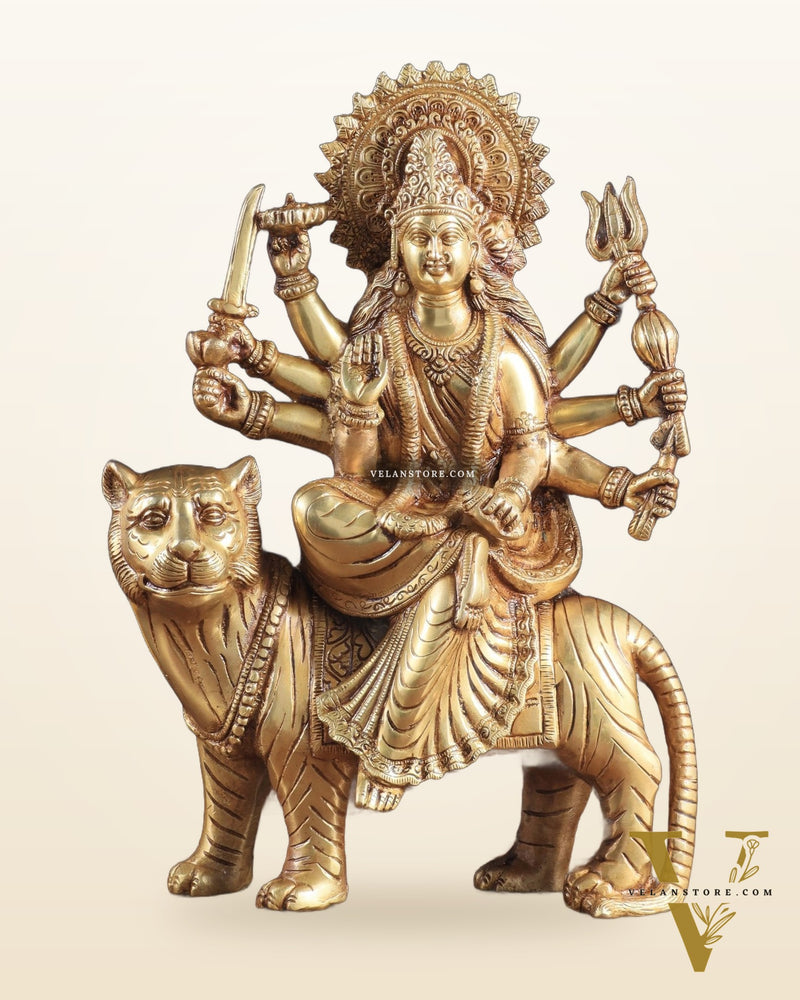 Pure Brass Goddess Durga Sherawali Mata on Tiger 12 inch