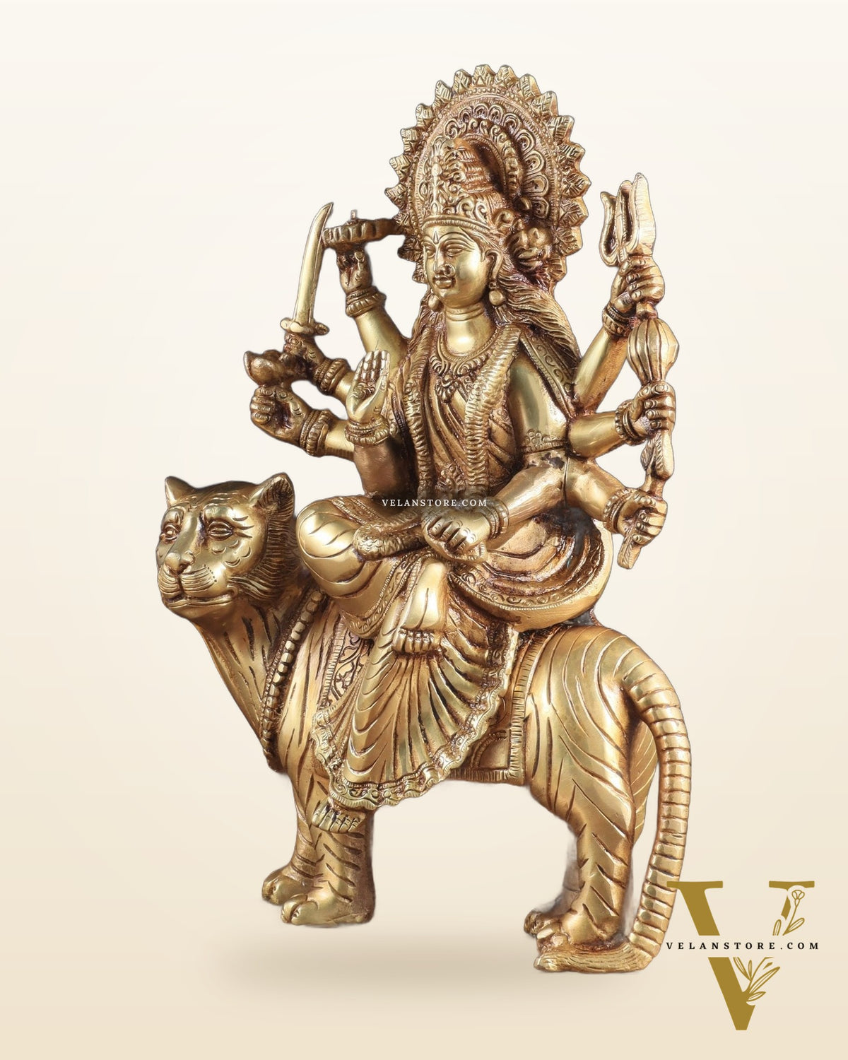 Pure Brass Goddess Durga Sherawali Mata on Tiger 12 inch
