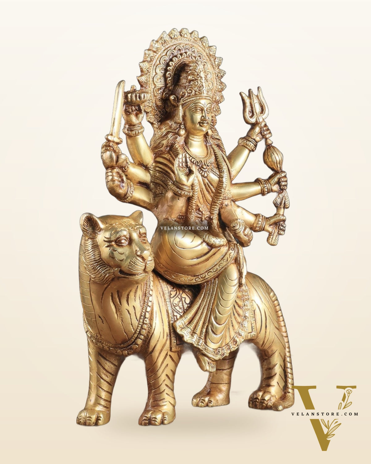 Pure Brass Goddess Durga Sherawali Mata on Tiger 12 inch