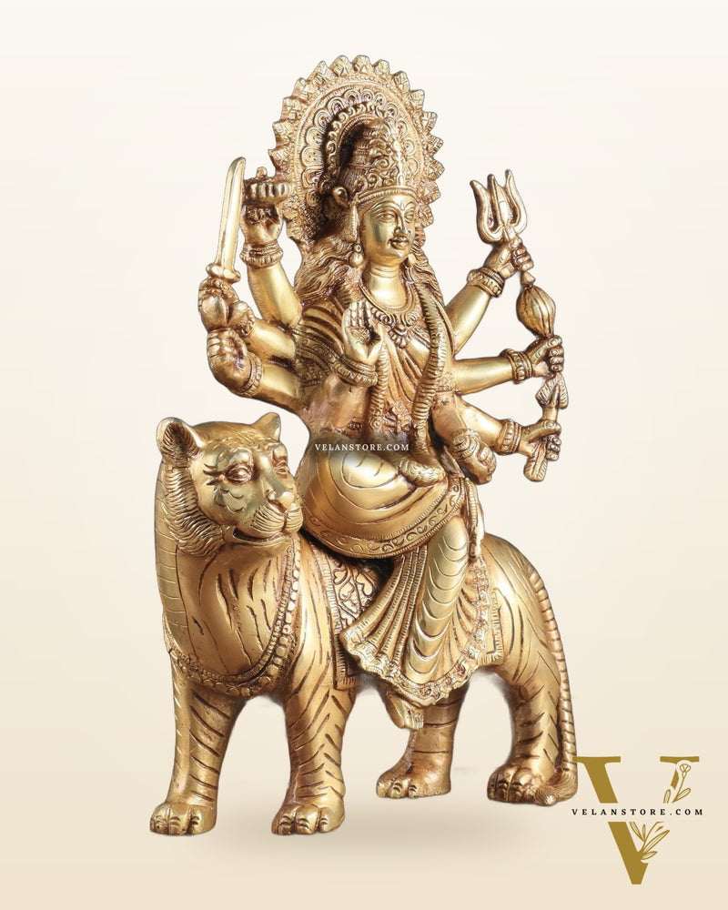 Pure Brass Goddess Durga Sherawali Mata on Tiger 12 inch