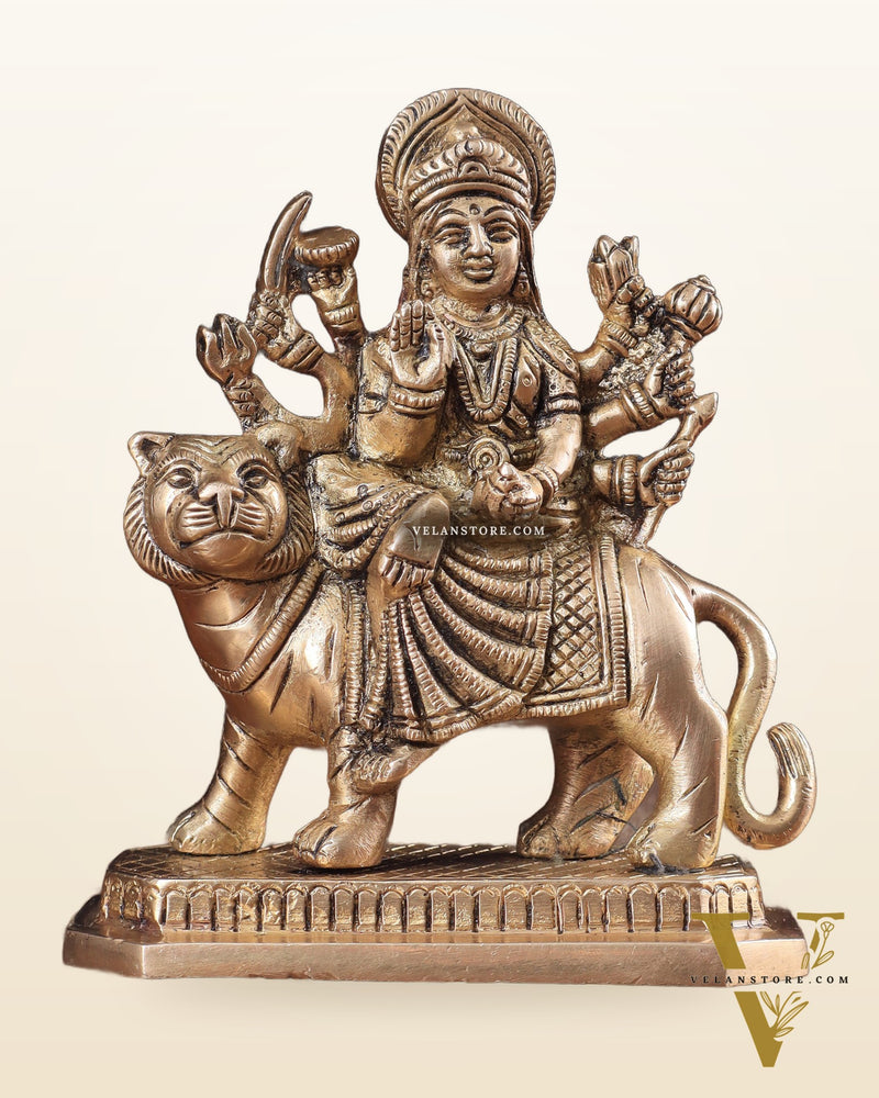 Pure Brass Goddess Durga Sitting on Tiger Idol 5.5"