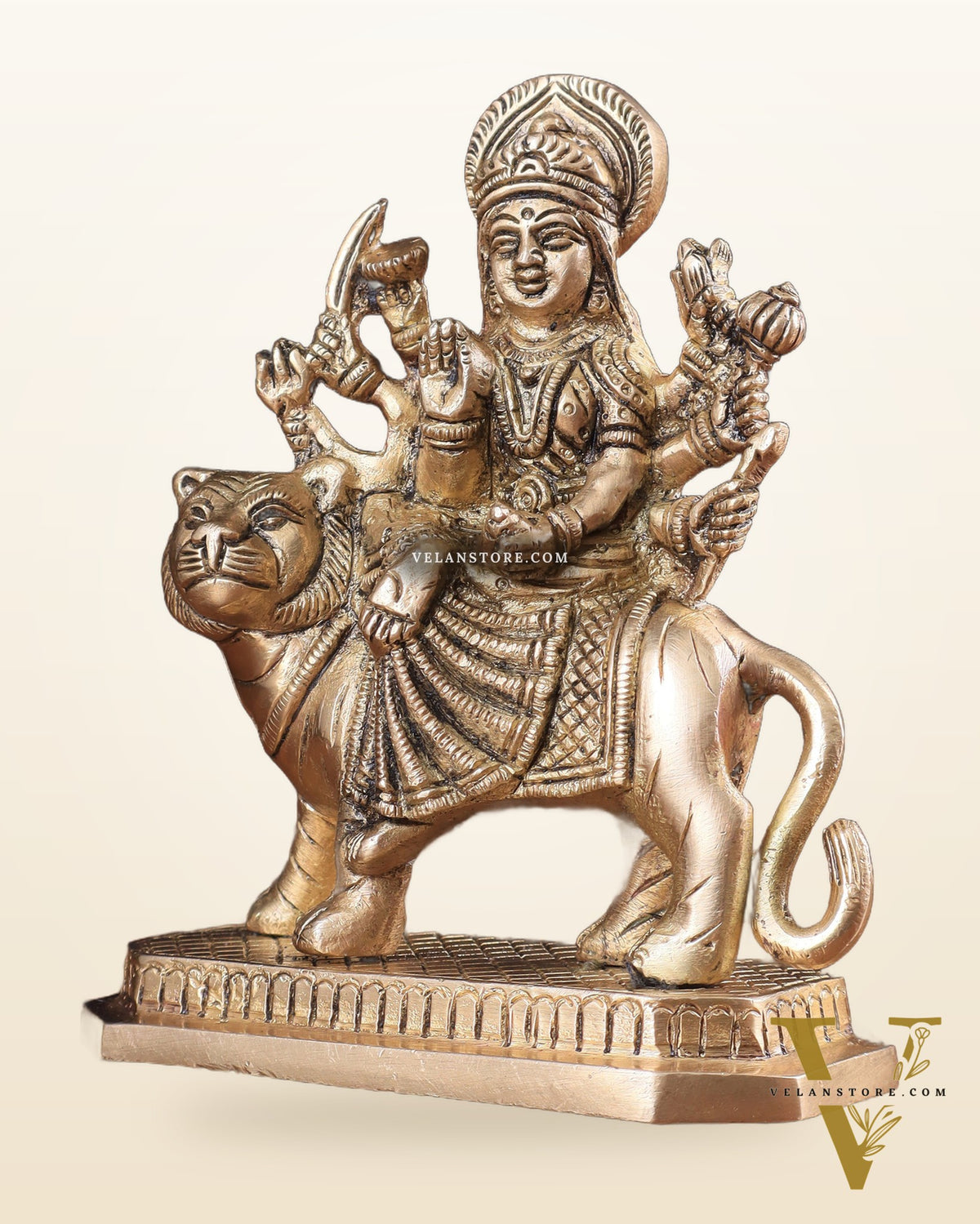 Pure Brass Goddess Durga Sitting on Tiger Idol 5.5"