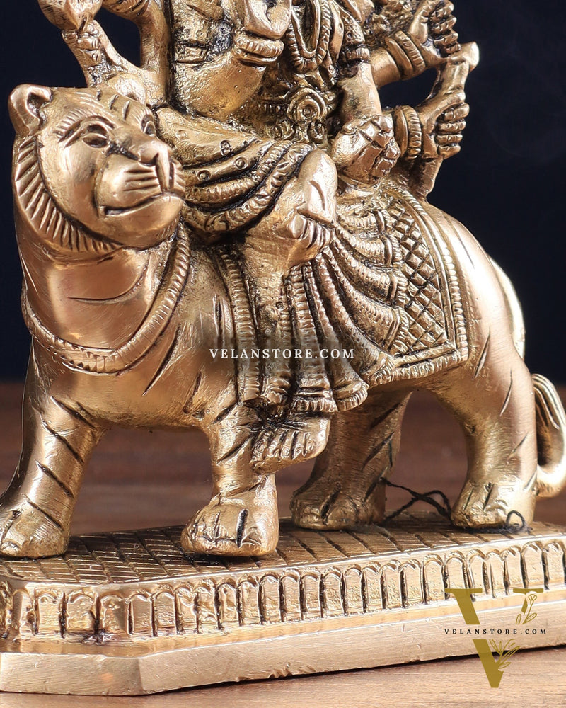 Pure Brass Goddess Durga Sitting on Tiger Idol 5.5"