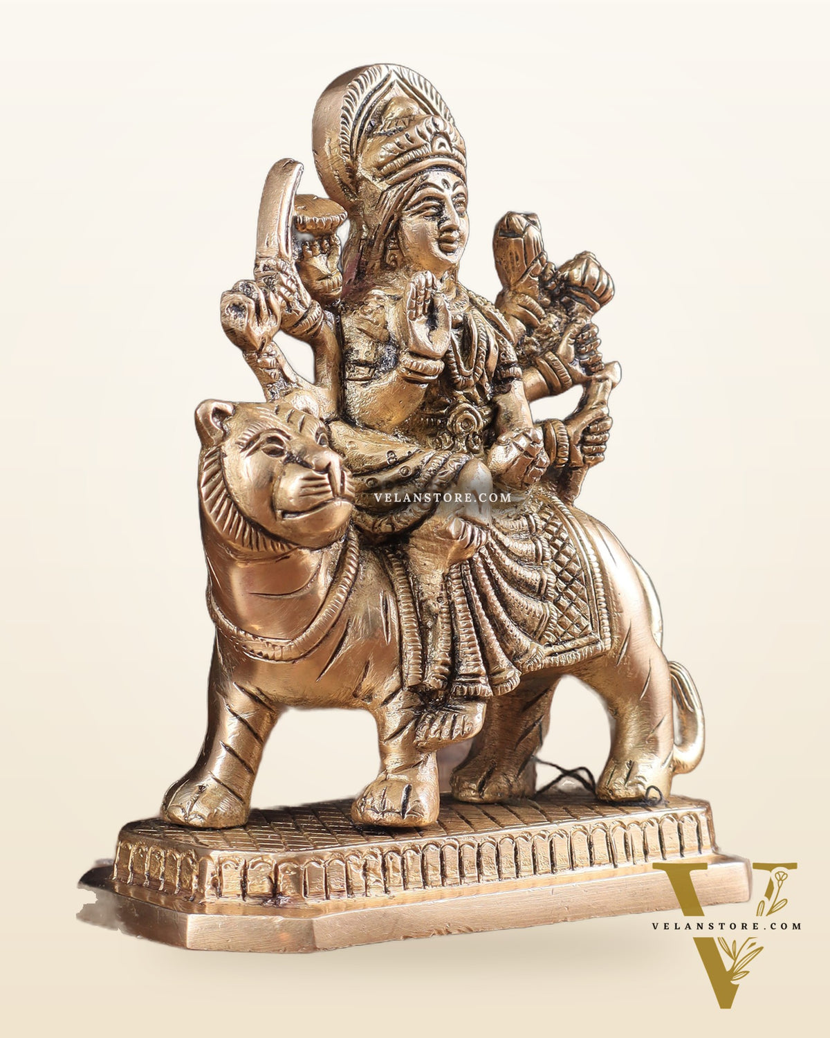 Pure Brass Goddess Durga Sitting on Tiger Idol 5.5"